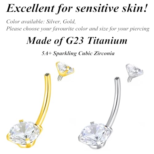 ORANGELOVE G23 Titanium 14G Belly Button Rings Cubic Zirconia Internally Threaded CZ Belly Ring Navel Barbell Stud Body Piercing Jewelry 14 Gauge 8mm 10mm 12mm 14mm - color: Silver, size: 14G 12mm
