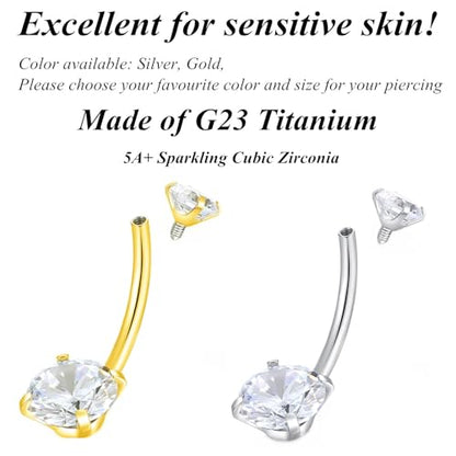 ORANGELOVE G23 Titanium 14G Belly Button Rings Cubic Zirconia Internally Threaded CZ Belly Ring Navel Barbell Stud Body Piercing Jewelry 14 Gauge 8mm 10mm 12mm 14mm - color: Gold, size: 14G 12mm