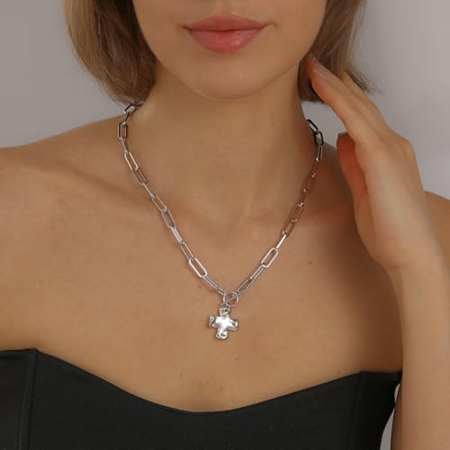 Chunky Cross Necklace for Women Trendy 14K Gold Silver Plated Statement Big Cross Pendant Paperclip Chain Charm Necklaces Religious Faith Easter Basket Stuffers Baptism Costume Jewelry Gift - color: White Gold-Toggle-0.8 inch pendant
