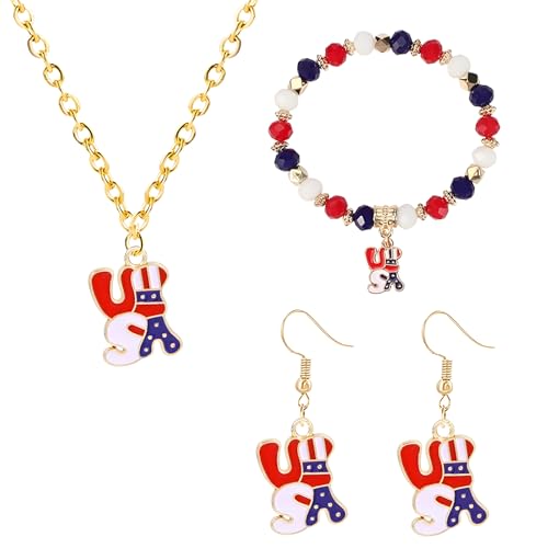 4th of July Earring Bracelet And Necklaces Jewelry Set for Women Men Personalized Red White and Blue Patriotic American Flag Dangle Drop Earrings Independence Day Holiday Accessories Gifts - style: usa