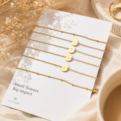 Glimmerst Initial Bracelet for Women 18K Gold Plated Stainless Steel Layered Coin Letter Bracelet Beaded Chain Personalized Name Bracelet - color: A Gold