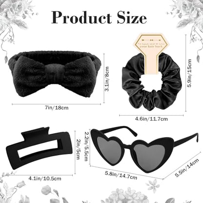 Semato 4 Pcs Black Bridesmaid Proposal Gifts Bridesmaid Spa Headband, Hair Claw Clips, Heart Shaped Sunglasses and Smooth Satin Scrunchies - color: Black