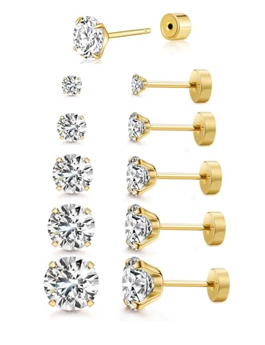 Kainier Women's 14K Gold Plated CZ Stud Earrings Hypoallergenic studs | 5 Pairs Simulated Diamond Round Cubic Zirconia Ear Stud Set for Multiple Piercing, 3/4/5/6/7mm Everyday Studs - color: CZ-Gold-Plated