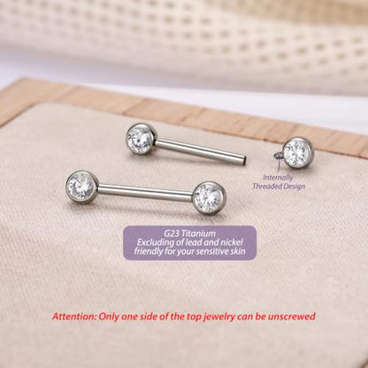 FUNLMO 2pcs Nipple Piercing Jewelry Titanium Nipple Rings Internally Threaded Tongue Rings Bridge Piercing Jewelry Nipple Barbells 14G 12-20mm - color: Silver,Clear CZ