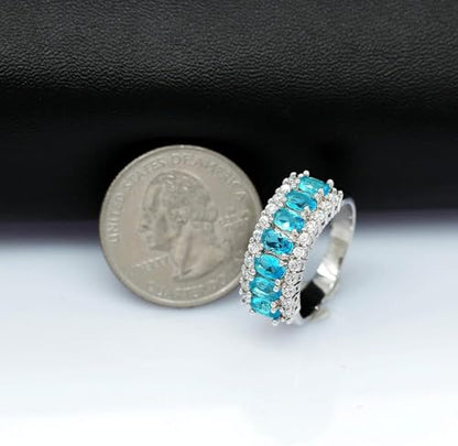 Uloveido Beautiful Women's 7 Stones Wedding Band Oval Cubic Zirconia Engagement Anniversary Rings J501 - color: Platinum-Light Blue