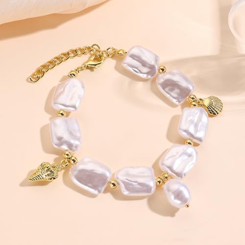 Baroque Pearl Bracelet for Women Elegant Gold Plated Irregular Chunky Pearls Bracelets Summer Starfish Seashell Conch Cuff Bracelets Jewelry for Vacation - color: white