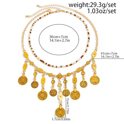 Boho Coin Charm Necklace for Women Layered Pirate Necklace Gold Coin Beaded Pendant Necklace Chunky Coins Tassel Ethnic Gypsy Costume Accessories Jewelry Gifts - style: A.