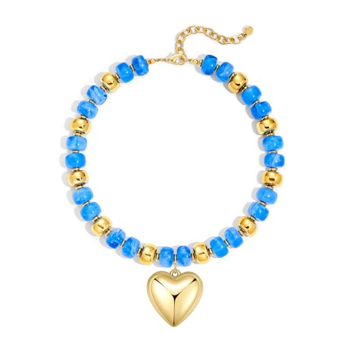 Resin Chunky Colorful Beaded Necklace | Adjustable Boho Statement Necklace,Summer Beach Party Jewelry - color: Heart+Sky Blue
