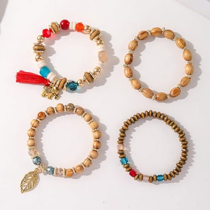 yfstyle Bohemian Stackable Beaded Bracelets for Women Boho Beads Bracelets with Star Butterfly Tassels Retro Stretch Wooden Beaded Bracelets Set Preppy Surfer Heishi Bracelets for Summer Vacation