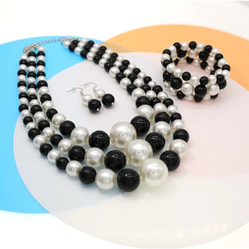 JNF Faux Pearl Statement Necklaces Big Beaded Necklace for Women Chunky Pearls Necklace and Earring Set Large beads Costume Necklace - color: Black white pearl necklace