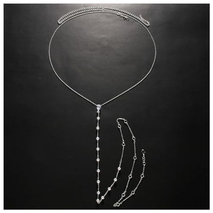 Rhinestone Back Necklace for Backless Dress - Bridal Wedding Pearl Backdrop Jewelry Crystal Long Body Chain Simple Waist Chain for Women - style: Silver