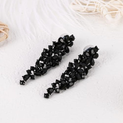 EleQueen Women's Sparkle Statement Clip-On Chandelier Earrings | Marquise Crystals Earrings for Women, Art Deco Prom Jewelry for Wedding Bride Bridesmaid - color: Black Black-Tone