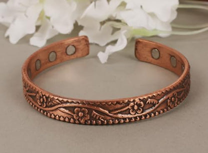 Touchstone magnetic copper bracelets for men women in gift box, engraved | 100% pure solid real adjustable bangle bracelet cuff jewelry; 12X ultra strength with 3500 gauss neodymium magnets; - style: Floral Wines Stems