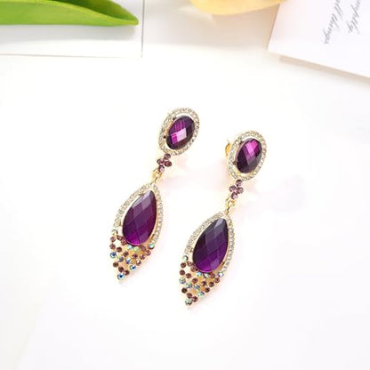 BriLove Women's Wedding Bridal Infinity Figure 8 Crystal Teardrop Chandelier Dangle Clip-On Earrings - color: Amethyst Color Gold-Tone