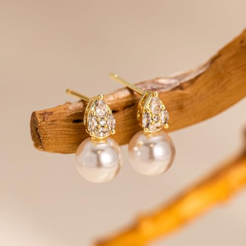 Pearl Earrings - 14K Gold/White Gold/Rose Gold Plated Cubic Zirconia CZ Diaomond Accented Pearl Drop Dangle Earrings for Women Wedding Bridal Prom - color: CZ paved