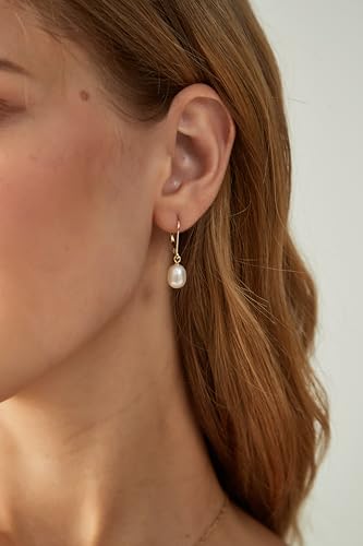 EAMTI Pearl Earrings for Women 925 Sterling Silver Freshwater Cultured Pearl Drop Earrings 14K Gold Plated Leverback Hypoallergenic