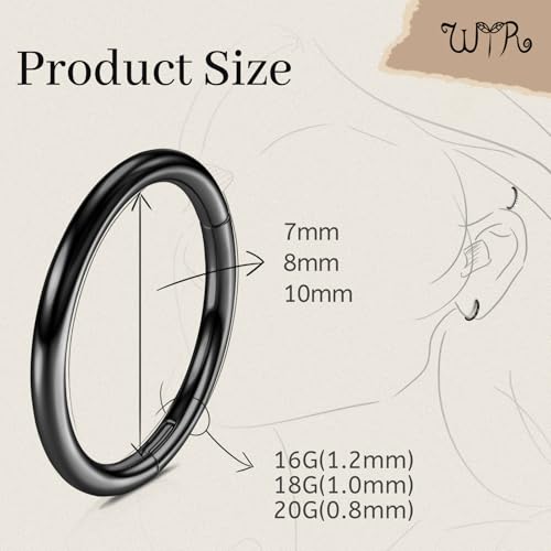 WYR 3Pcs Hypoallergenic Titanium Nose Rings for Women Men 16G 18G 20G | Black/Gold/Silver Seamless Septum Ring CZ & Double Hoop Clicker Conch Earrings Cartilage Piercing Jewelry 7mm 8mm 10mm - color: Black, size: 16g 8mm