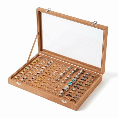 100 Slots Ring Organizer Tray,Velvet Ring Box with Clear Lid | Velvet Lining Provides Protection,Fits Rings of Various Sizes,Glass Lid Jewelry Tray,for Personal Use and Ring Display - color: Camel