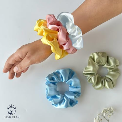 SILVR BEAR Luxury Satin Scrunchies, 9 Pack, Satin Hair Ties for thick & curly Hair, Scrunchies for Women and Girls - Pastel Shades - color: Pastel