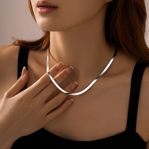 WomenGifts 14K Gold Silver Plated Herringbone Necklace for Women, Dainty Snake Chain Choker, Trendy Simple Long Layered Jewelry Non Tarnish, 3/4/5/8mm,14,16,18,20,22,24,26 Inch Thin & Chunky Options - color: Silver, style: 4mm-16inch