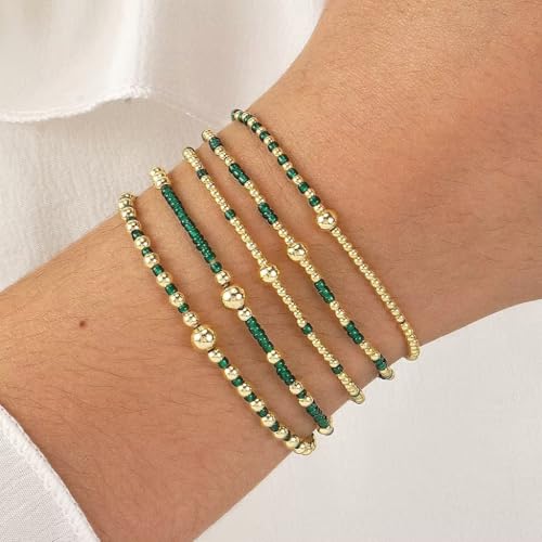 Gold Small Ball Seed Bead Stackable Bracelets Set For Women, Stretch Accessories Handmade Dainty, Daily Party Friendship Gift - color: Green