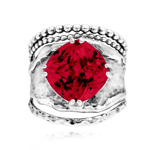 JEAN RACHEL JEWELRY 925 Sterling Silver Prong Solitaire Ring | Raised crown engagement style ring mounting a precision faceted brilliant Cubic Zirconia solitaire over stacked silver rows. - color: Ruby CZ