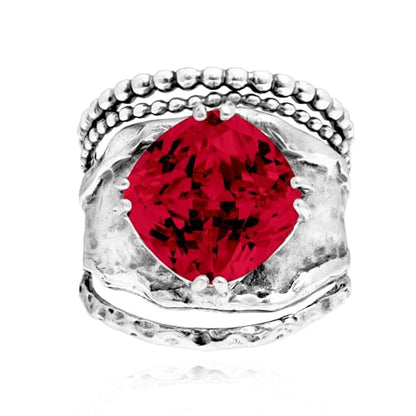 JEAN RACHEL JEWELRY 925 Sterling Silver Prong Solitaire Ring | Raised crown engagement style ring mounting a precision faceted brilliant Cubic Zirconia solitaire over stacked silver rows. - color: Ruby CZ