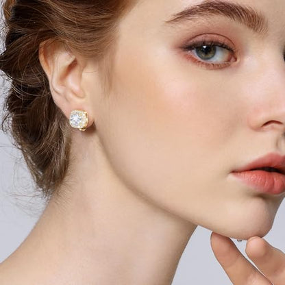 Cubic Zirconia Clip on Earrings - Women Hypoallergenic Comfortable Non Pierced Stud Earrings for Wedding and Dance Competitions, Clip-on Earrings Silver Gold - color: Gold
