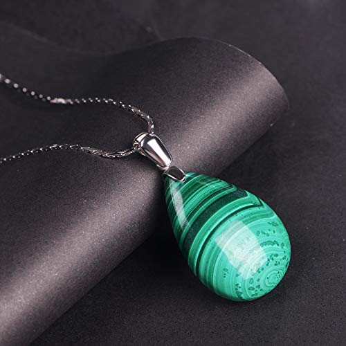 iSTONE 925 Sterling Silver Natural Crytral for Womens Pendant Necklace, Gemstone Birthstone with 17.8" Silver Chain Ladies - color: Malachite 1