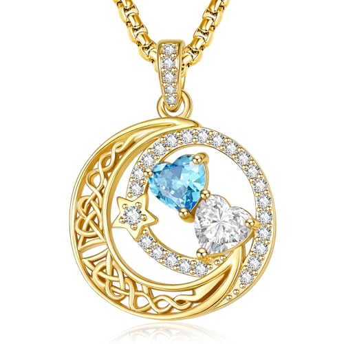 14K Gold Moon and Star Double Birthstone Necklace Gifts for Women | 2 Heart Birthstone Necklace,Mothers Day Wedding Anniversary Birthday Gifts for Wife Mom Daughter Grandma Sister - color: 03-04-Mar-Apr Birthstone-New