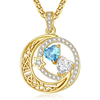 14K Gold Moon and Star Double Birthstone Necklace Gifts for Women | 2 Heart Birthstone Necklace,Mothers Day Wedding Anniversary Birthday Gifts for Wife Mom Daughter Grandma Sister - color: 03-04-Mar-Apr Birthstone-New