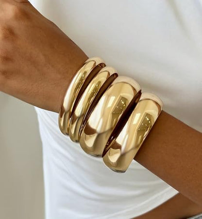 Chunky Gold Bangle Bracelets for Women, Dainty 14k Gold Plated Big Stackable Bangles Set, Trendy Statement Cuff Bracelet Stack Fashion Jewelry Gifts - style: 4 chunky gold bangles