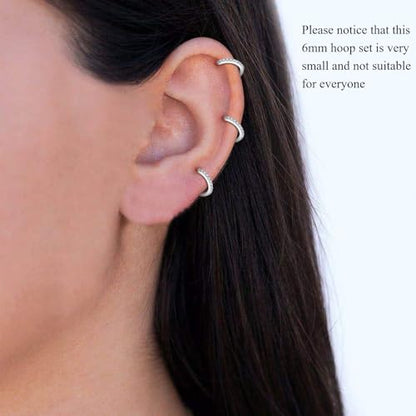 3 Pairs 925 Sterling Silver Small Hoop Earrings for Women Men | Cubic Zirconia, 14K White Gold Plated Huggie Hoop Earrings, Hypoallergenic - style: E-silver 6mm*3