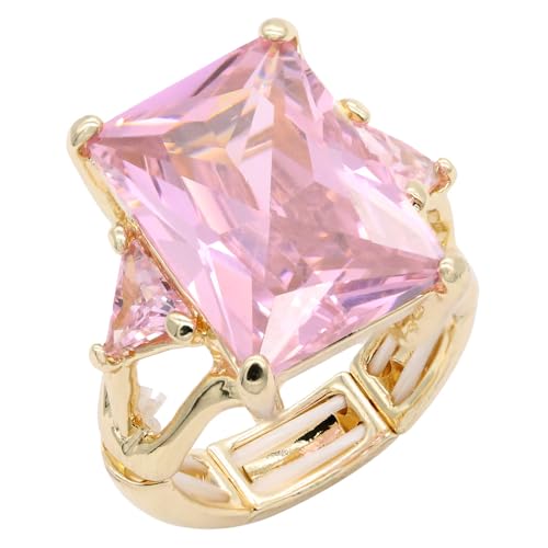 Lavencious Big Bold Radiant CZ Stones Stretch Rings for Women Size for 7-9 - color: Gold Pink
