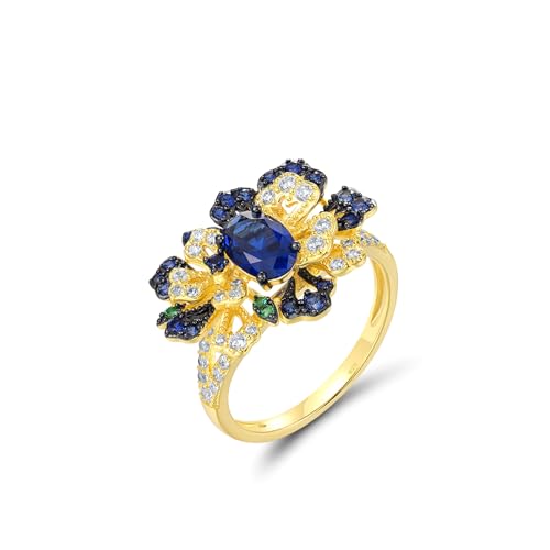 Santuzza Sterling Silver Gemstone Flower Ring for Women - color: [A]Peony-Blue & Yellow