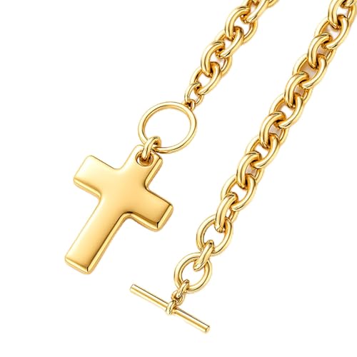Zeffy 14K Gold/Silver Plated Chunky Thick Chain Toggle Clasp Necklace Dainty Baroque Pearl/Heart/Cross/Turquoise Pendant Necklace - color: Gold Big Cross Necklace