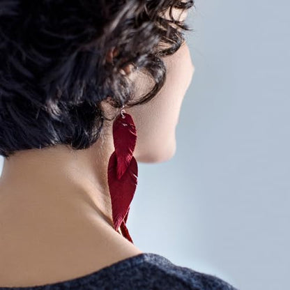 Leather Feather Earrings, Suede layered earrings, boho wedding jewelry, summer earrings, gift for her, dangle earrings - color: dark red