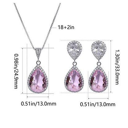 Elegant Jewelry Set for Women Silver Teardrop CZ Drop Earrings and Necklace | Square Teardrop Cubic Zirconia Rhinestone Jewelry Sets Bridal Jewelry Sets for Wedding Bride Bridesmaids Mother of Bride - style: Guardian Angel (Pink)