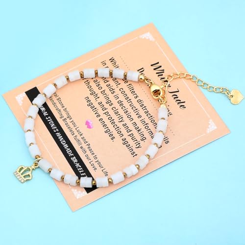 Natural Gemstone Healing Crystal Dainty Charms Bracelet Adjustable Chain Extender Minimalist Jewelry - color: White Jade + Crown