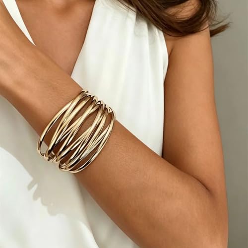 3PCS Gold Chunky Cuff Bracelets for Women Irregular Minimalist Statement Bangle Bracelets Set Open Wide Bangle Arm Cuff Upper Arm Punk Jewelry - color: 3PCS Bracelet Style 1