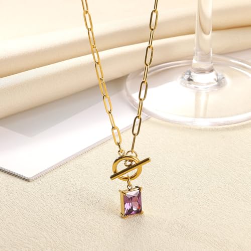 Diamond Necklaces for Women Natural Stone Paperclip Toggle Necklace 14K Gold Plated Emerald Birthstone Necklace for Women Paper Clip Chain Blue Green Cubic Zirconia Pendant Birthday Gifts for Women Mother Jewelry - color: 02. February(Amethyst)