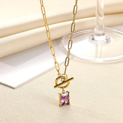 Diamond Necklaces for Women Natural Stone Paperclip Toggle Necklace 14K Gold Plated Emerald Birthstone Necklace for Women Paper Clip Chain Blue Green Cubic Zirconia Pendant Birthday Gifts for Women Mother Jewelry - color: 02. February(Amethyst)