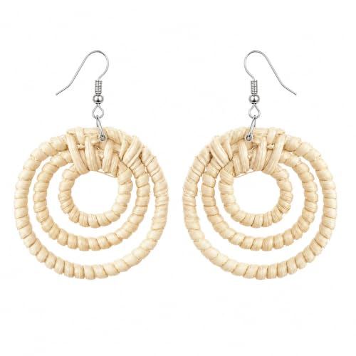 Handmade Rattan Teardrop Dangle Earrings for Women, Lightweight Boho Woven Statement Earrings with Gold Fish Hook, Natural Straw Weave Vacation Jewelry for Summer Beach - style: Round