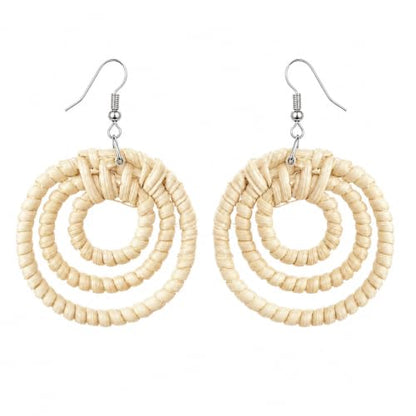 Handmade Rattan Teardrop Dangle Earrings for Women, Lightweight Boho Woven Statement Earrings with Gold Fish Hook, Natural Straw Weave Vacation Jewelry for Summer Beach - style: Round