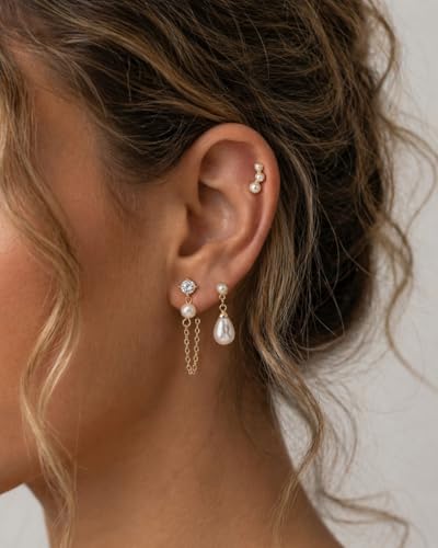 Pearl Earrings - 14k Gold or White Gold Plated Sparkle Cubic Zirconia Dainty Pearl Stud Earrings for Women Wedding Party Bridal - color: gold ear stack