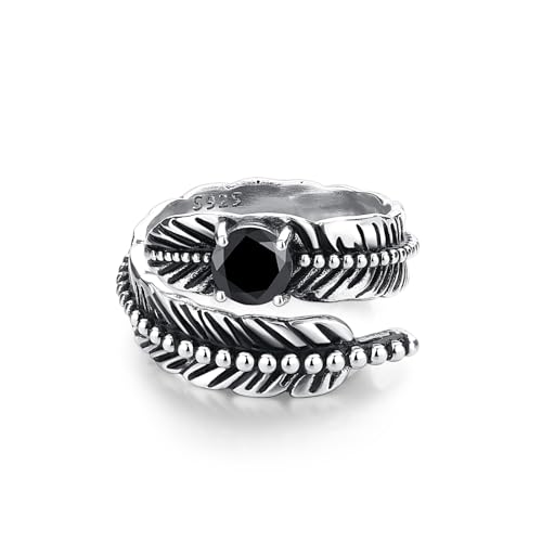 AVECON S925 Sterling Silver Turquoise/Labradorite/Just Breathe/Onyx Rings | Hypoallergenic Adjustable Open Feather Gift Women Men Thumb Spoon Statement Western Band Jewelry for Anniversary - color: Custom-Black Onyx