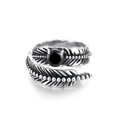 AVECON S925 Sterling Silver Turquoise/Labradorite/Just Breathe/Onyx Rings | Hypoallergenic Adjustable Open Feather Gift Women Men Thumb Spoon Statement Western Band Jewelry for Anniversary - color: Custom-Black Onyx