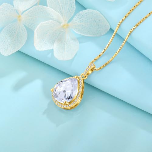 FJ Teardrop Pendant Necklace 925 Sterling Silver Birthstone Jewelry for Women - color: 04 April-Simulated Diamond-Yellow Gold