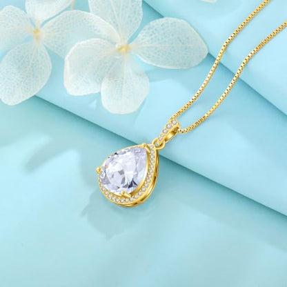 FJ Teardrop Pendant Necklace 925 Sterling Silver Birthstone Jewelry for Women - color: 04 April-Simulated Diamond-Yellow Gold