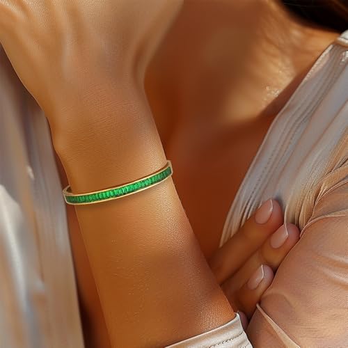 Gold Rhinestone Bangles Bracelets for Women, Chunky Crystal Stainless Steel Stackable Cuff Bracelet Prom Fashion Jewelry Gift - color: Green Emerald